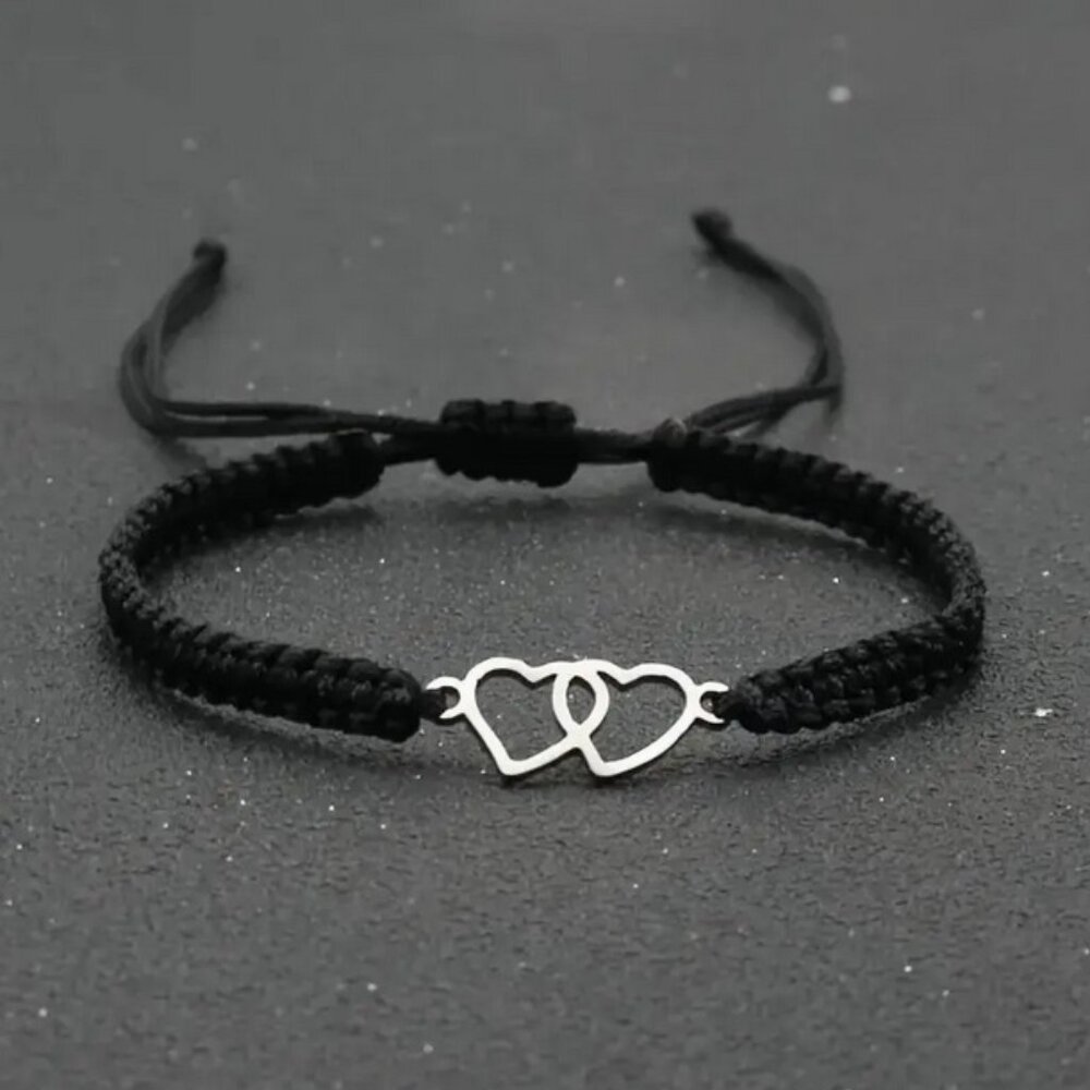 NWT Two Hearts Entwined Bracelet Silvery Black Rope Adjustable Nylon Braided